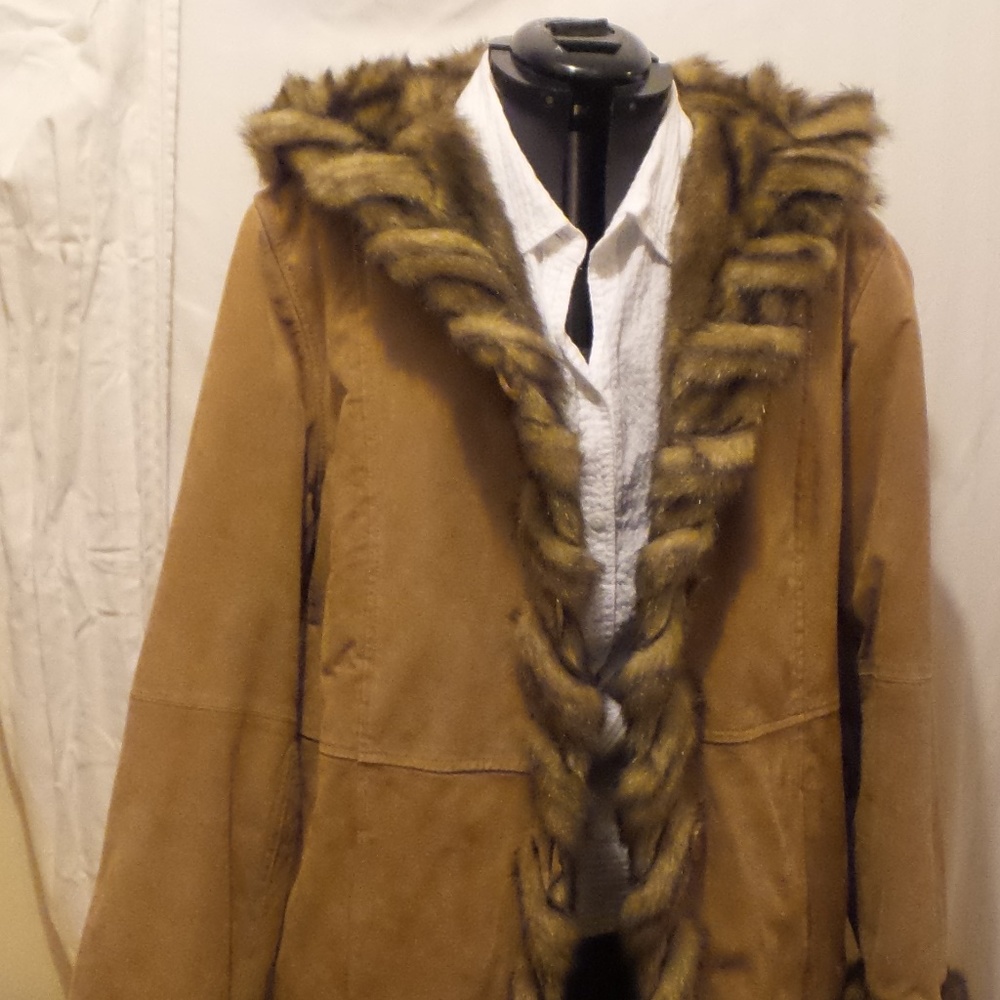 Ladies Suede Faux Fur Lined Mid Thigh Length Coat